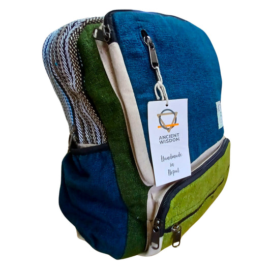 Grand sac à dos en chanvre - Bleu sarcelle et sauge
