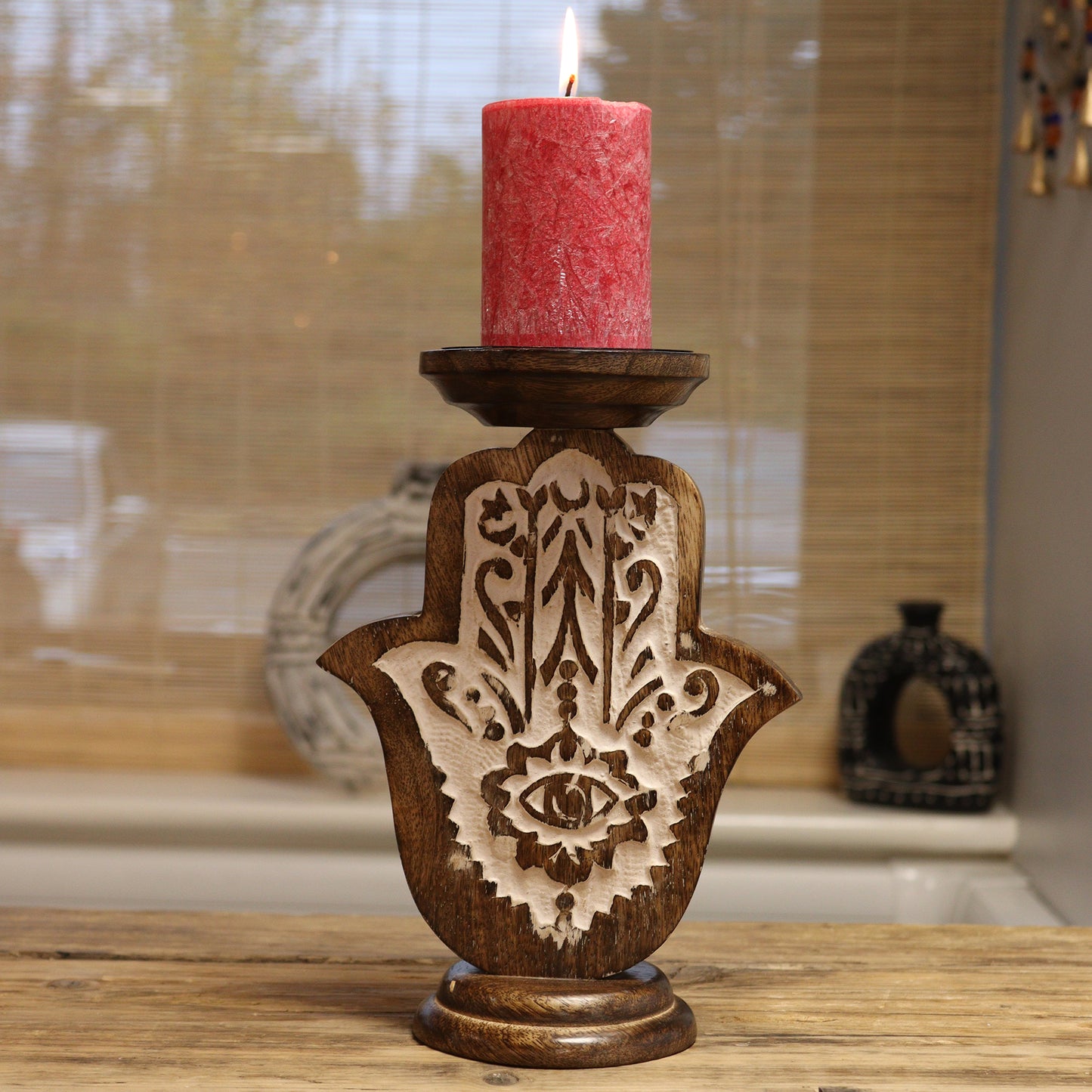 Bougeoir en bois de manguier - Hamsa - Petit 18x11cm