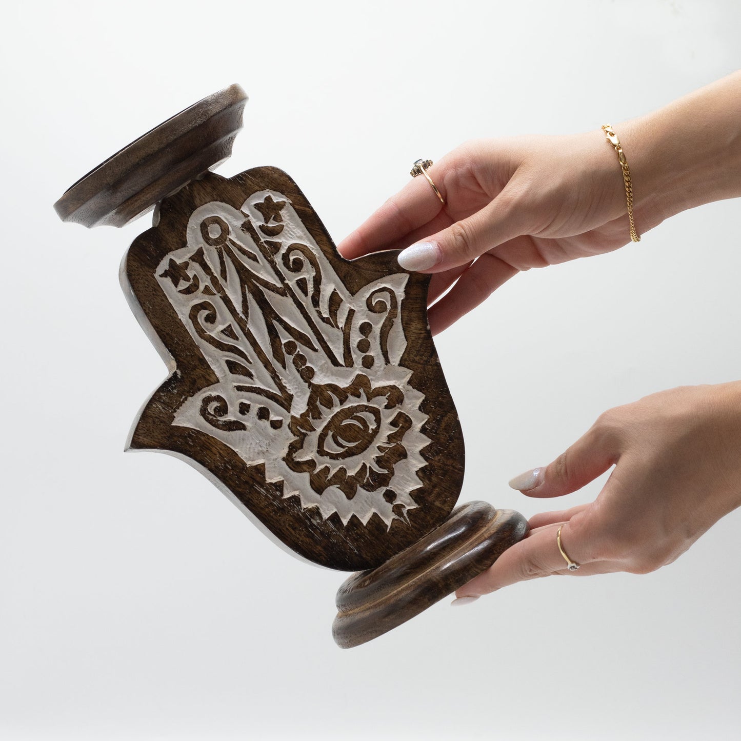 Bougeoir en bois de manguier - Hamsa - Grand 25x18cm