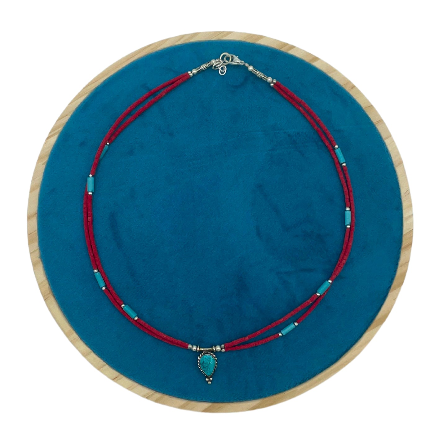 Collier népalais extra-fin à deux rangs - Pendentif rose et turquoise