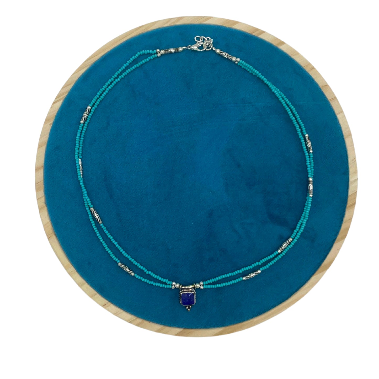 Collier népalais extra-fin à deux rangs - Pendentif turquoise et lapis-lazuli