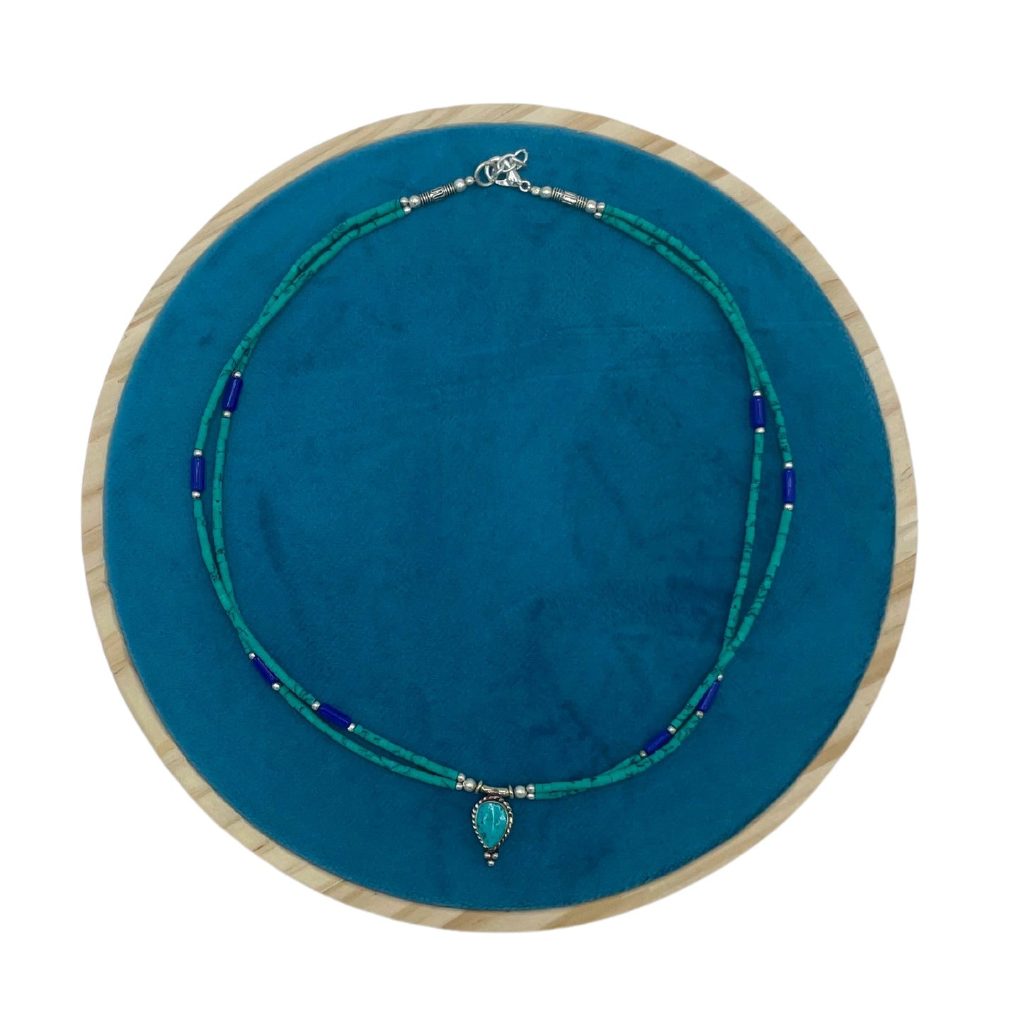 Collier népalais extra-fin à deux rangs - Pendentif lapis-lazuli et malachite