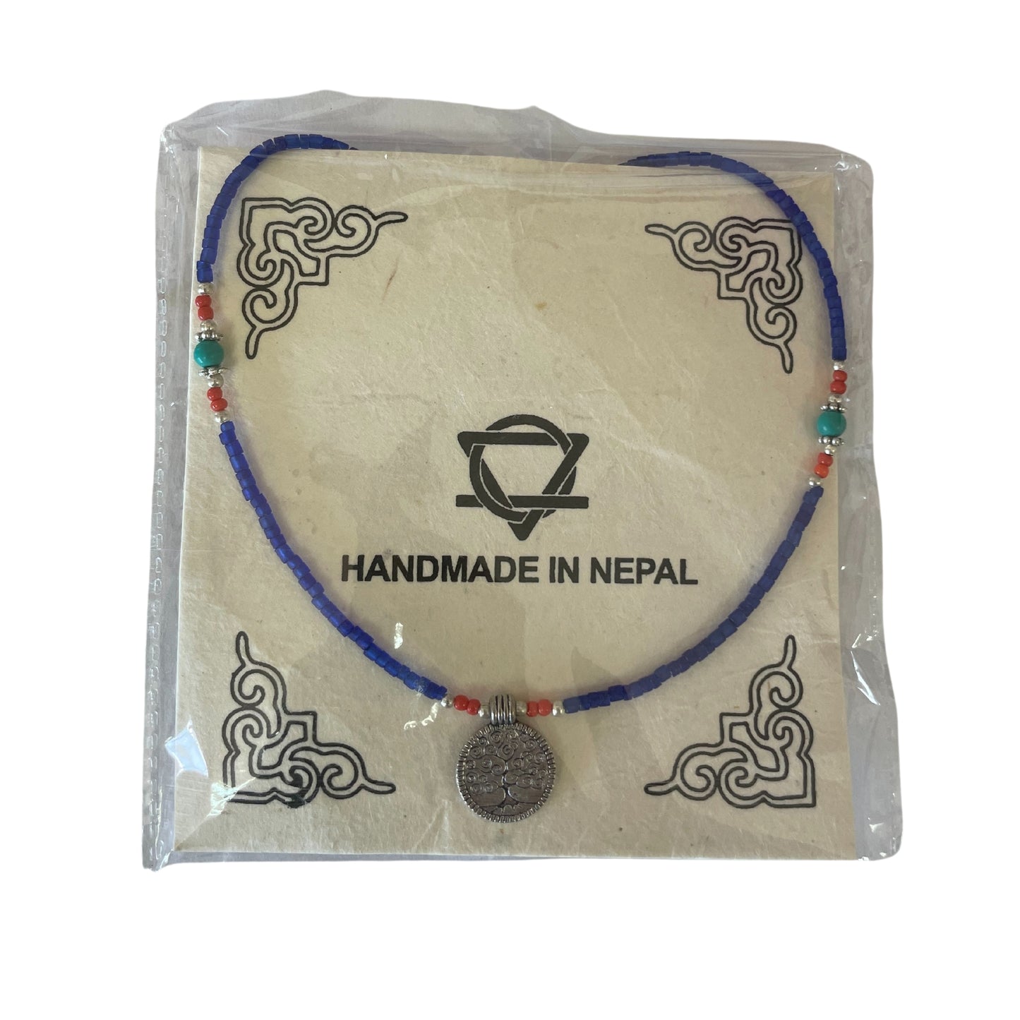 Collier népalais en pierres précieuses extra-fines - onyx bleu et arbre de vie