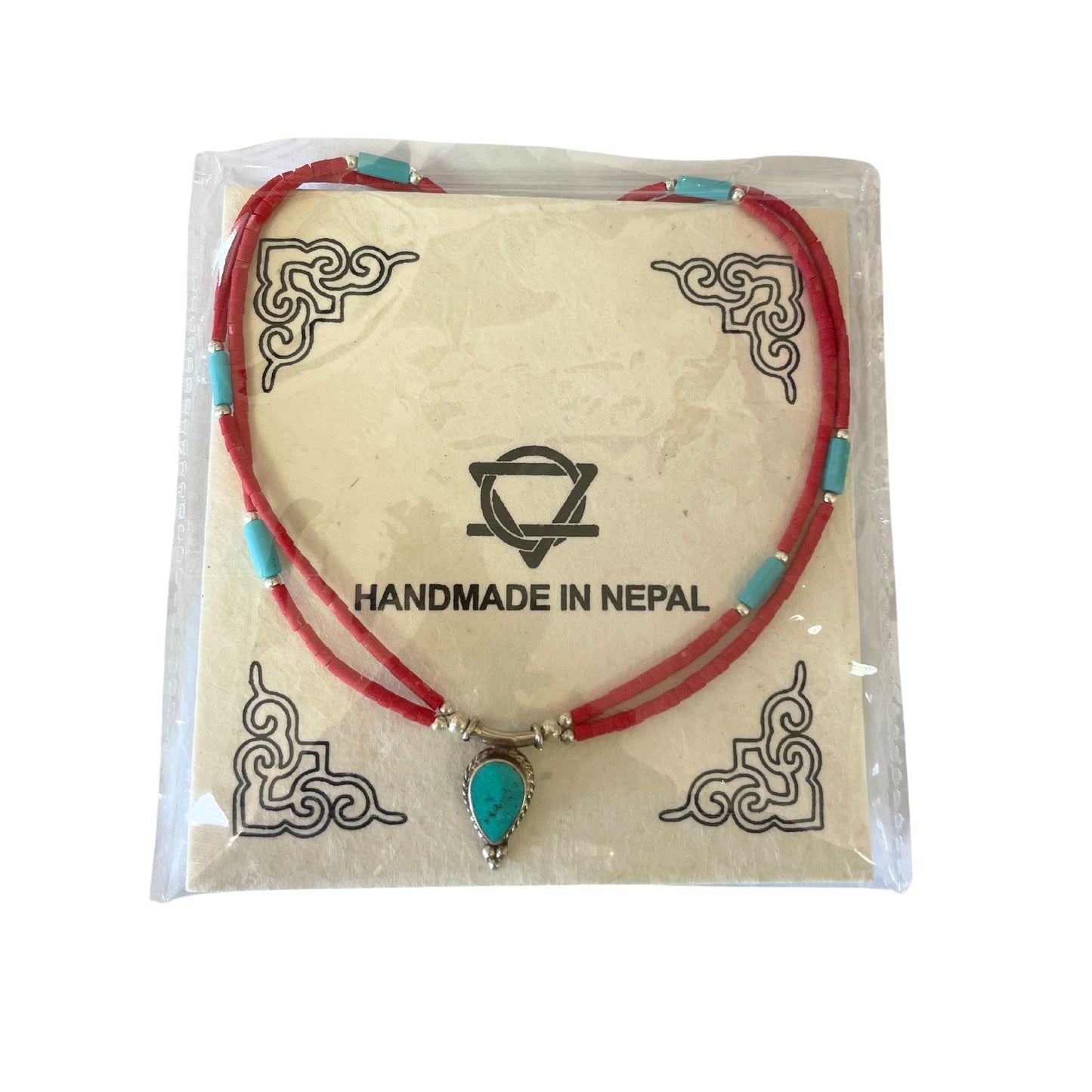 Collier népalais extra-fin à deux rangs - Pendentif rose et turquoise