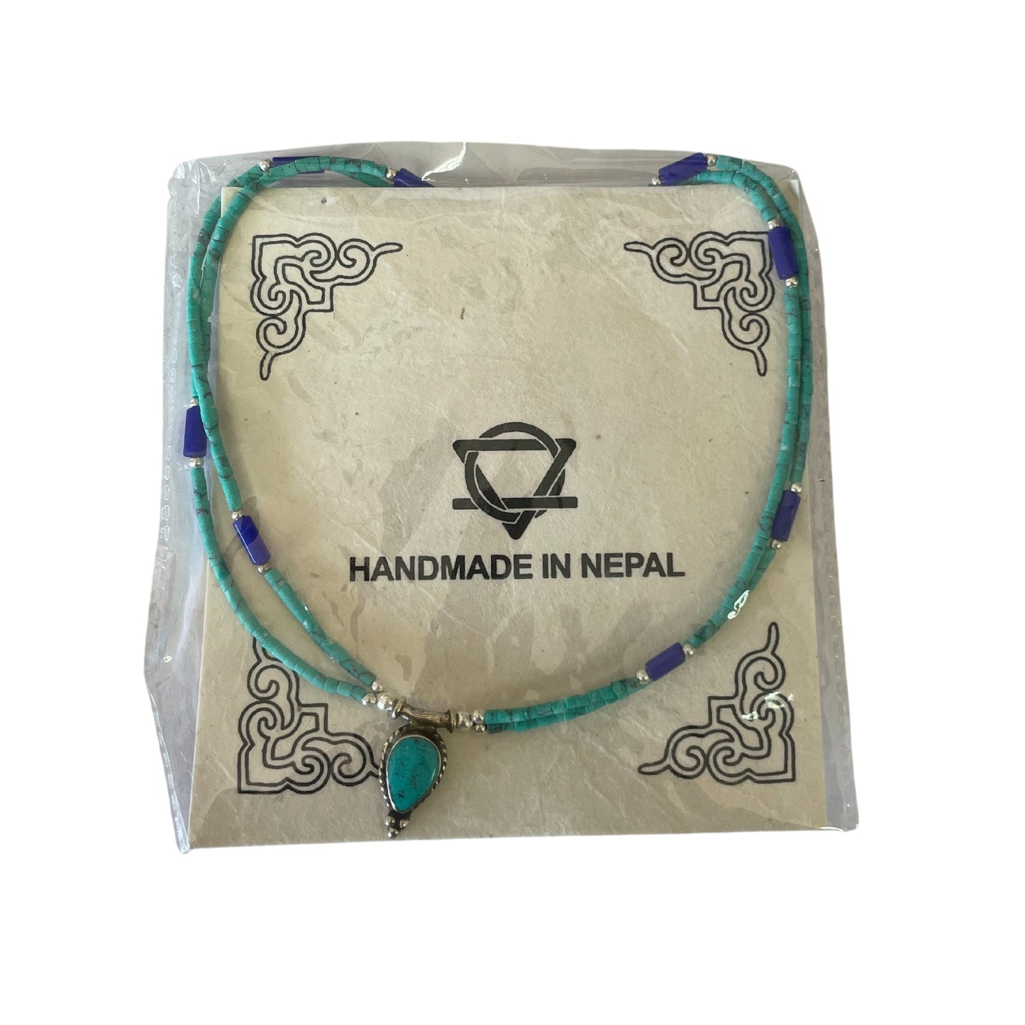 Collier népalais extra-fin à deux rangs - Pendentif lapis-lazuli et malachite