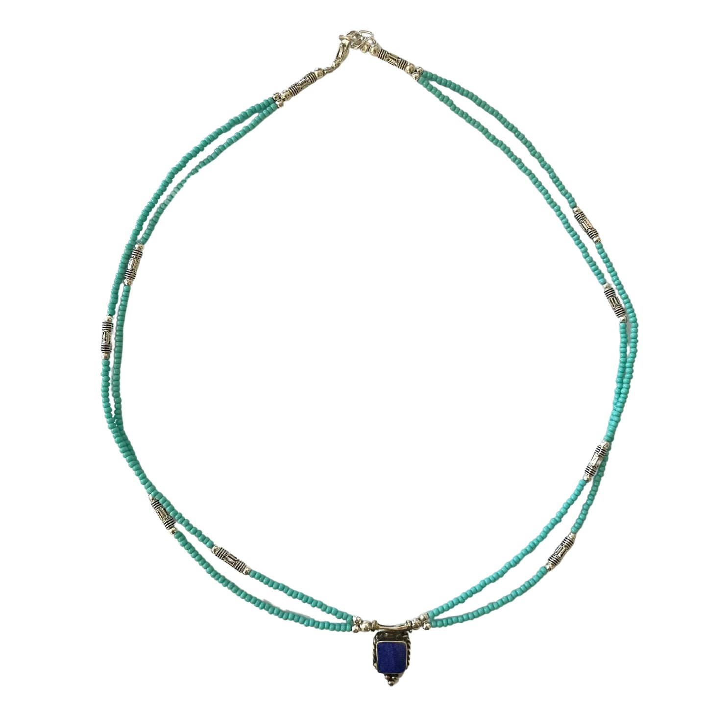 Collier népalais extra-fin à deux rangs - Pendentif turquoise et lapis-lazuli