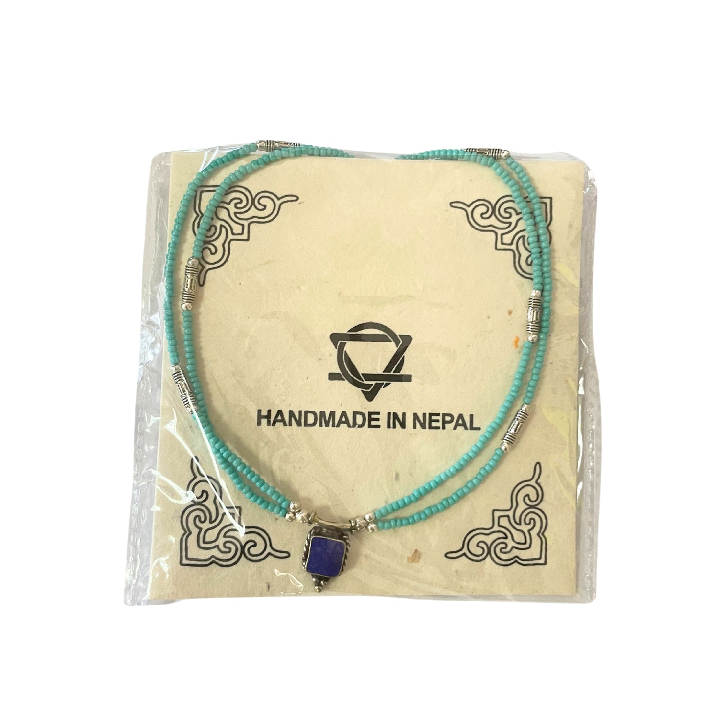 Collier népalais extra-fin à deux rangs - Pendentif turquoise et lapis-lazuli