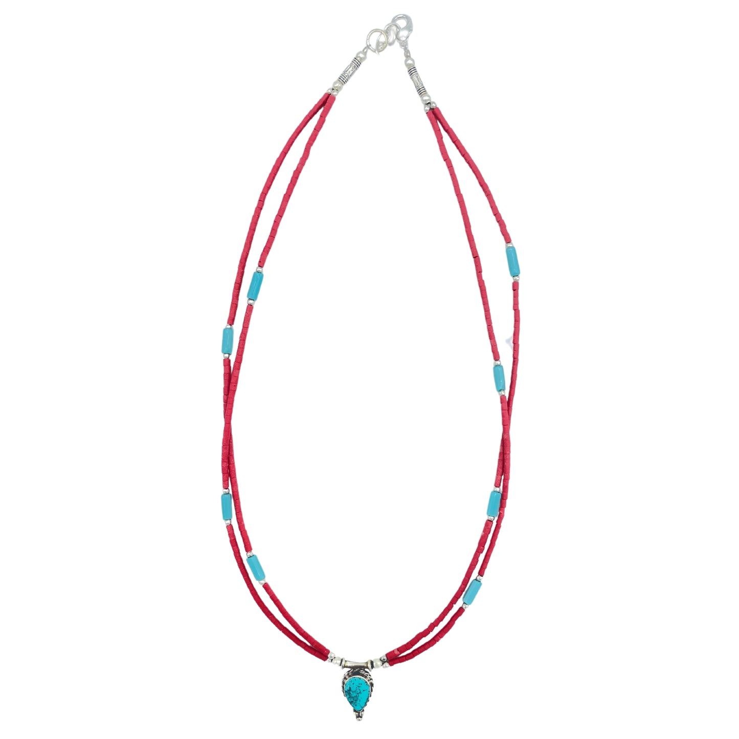 Collier népalais extra-fin à deux rangs - Pendentif rose et turquoise