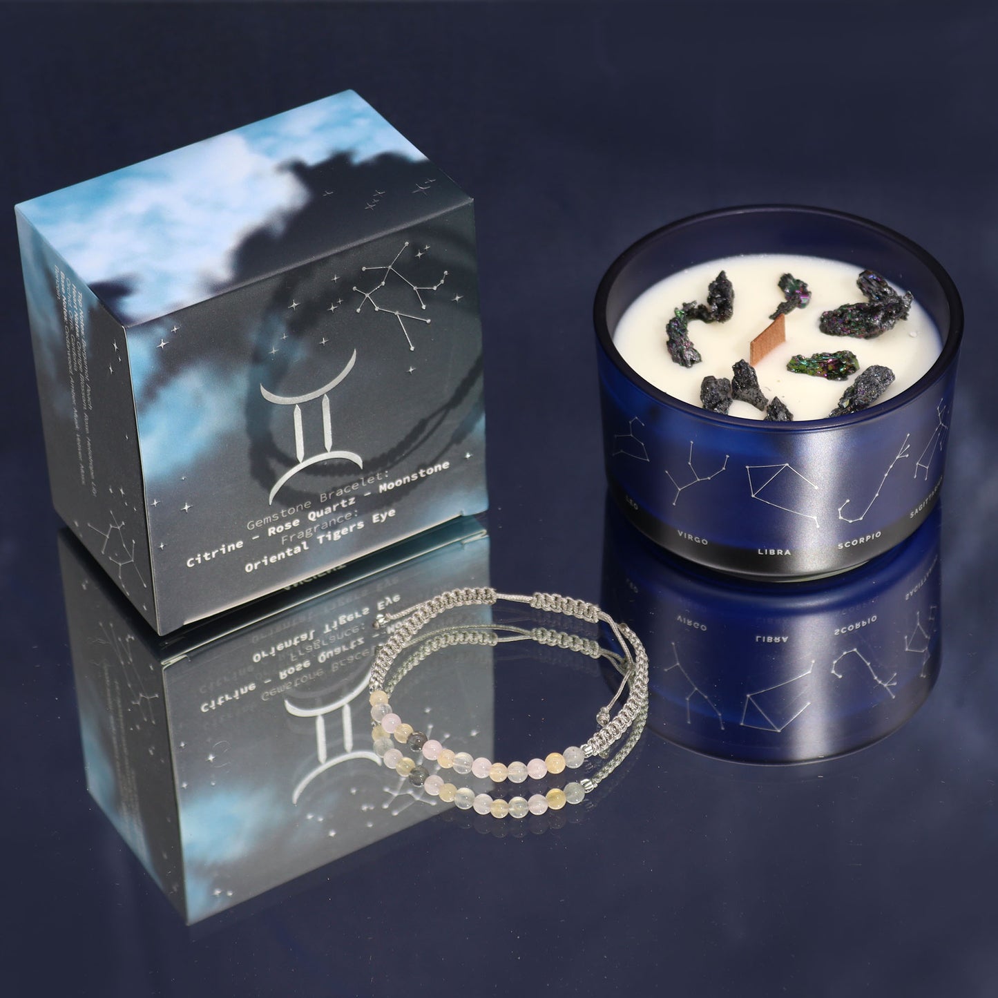 Bougie en cristal du zodiaque avec bracelet en pierres précieuses - Gémeaux