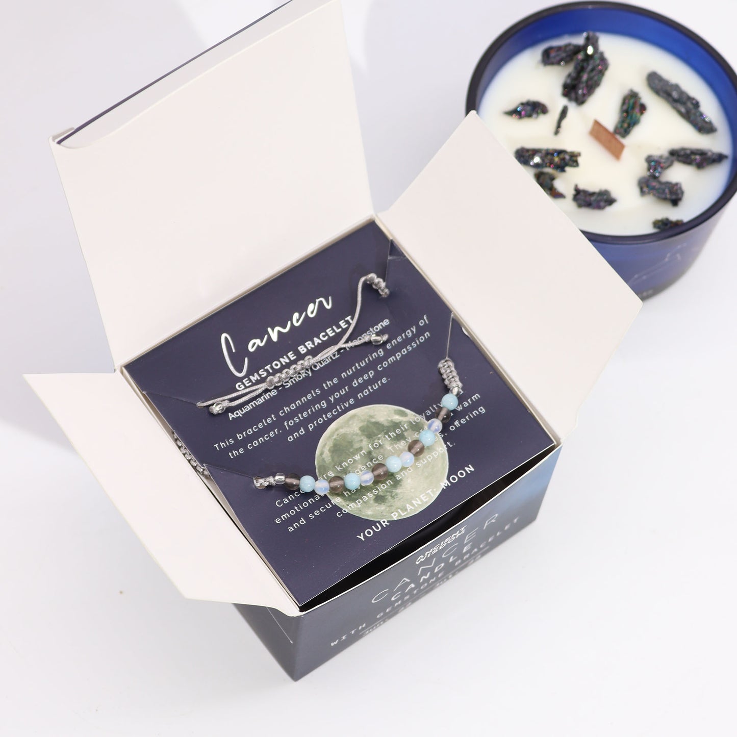 Bougie en cristal du zodiaque avec bracelet en pierres précieuses – Cancer