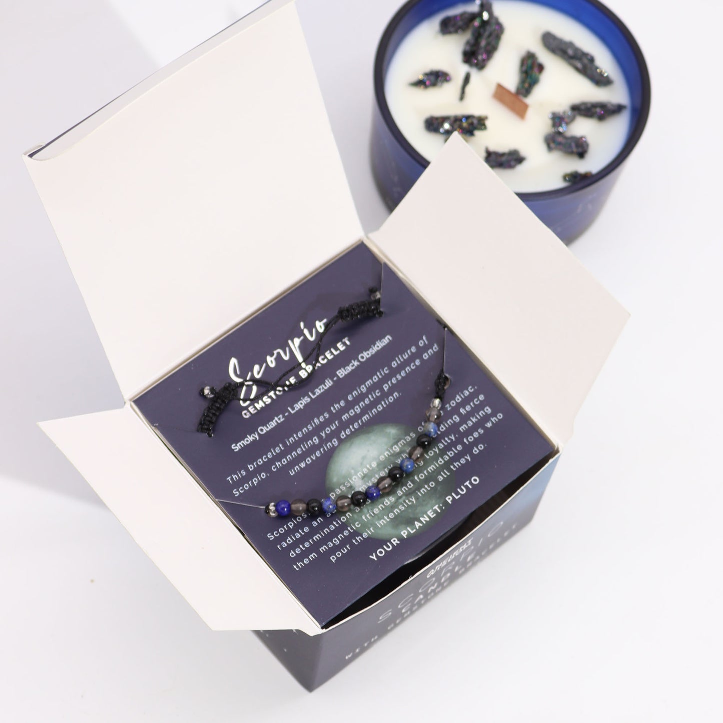 Bougie en cristal du zodiaque avec bracelet en pierres précieuses – Scorpion