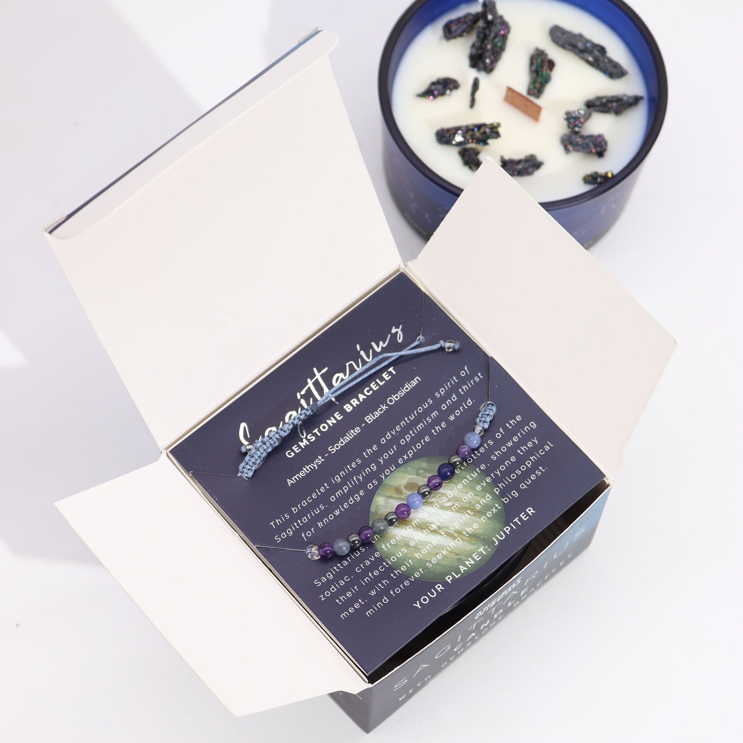 Bougie en cristal du zodiaque avec bracelet en pierres précieuses – Sagittaire