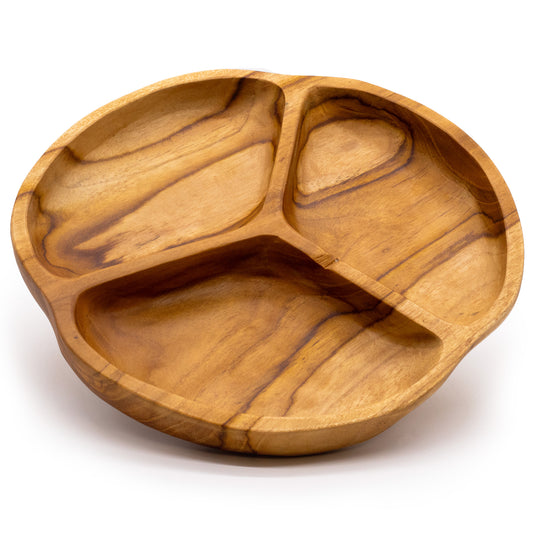 Coupe à fruits en bois de teck lisse à trois sections - 30x4cm