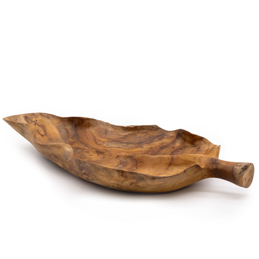 Grande coupe à fruits en bois de teck en forme de feuille - 40x24x5cm