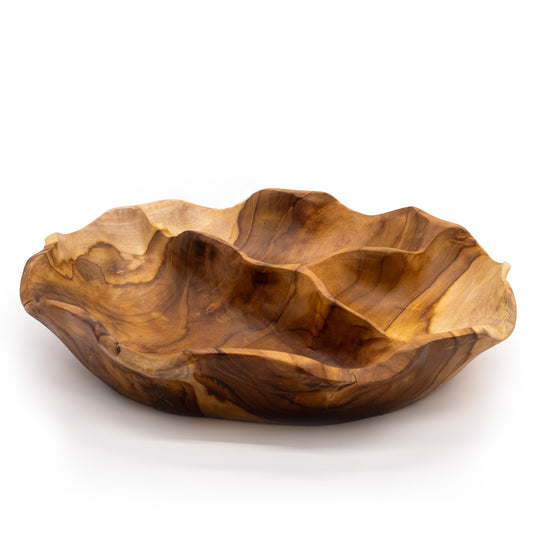 Coupe à fruits ronde et lisse en bois de teck à trois compartiments - 30x5,5cm