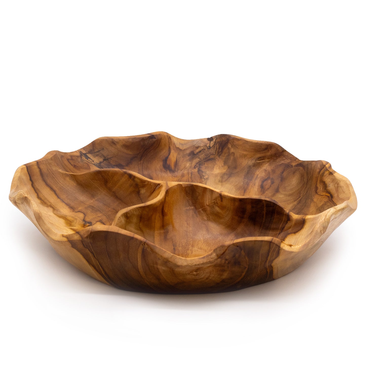 Coupe à fruits ronde et lisse en bois de teck à trois compartiments - 30x5,5cm