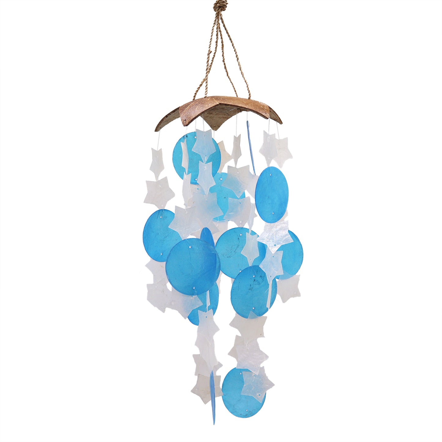 Carillons éoliens en noix de coco et capiz - Étoiles bleues et blanches - 30 cm