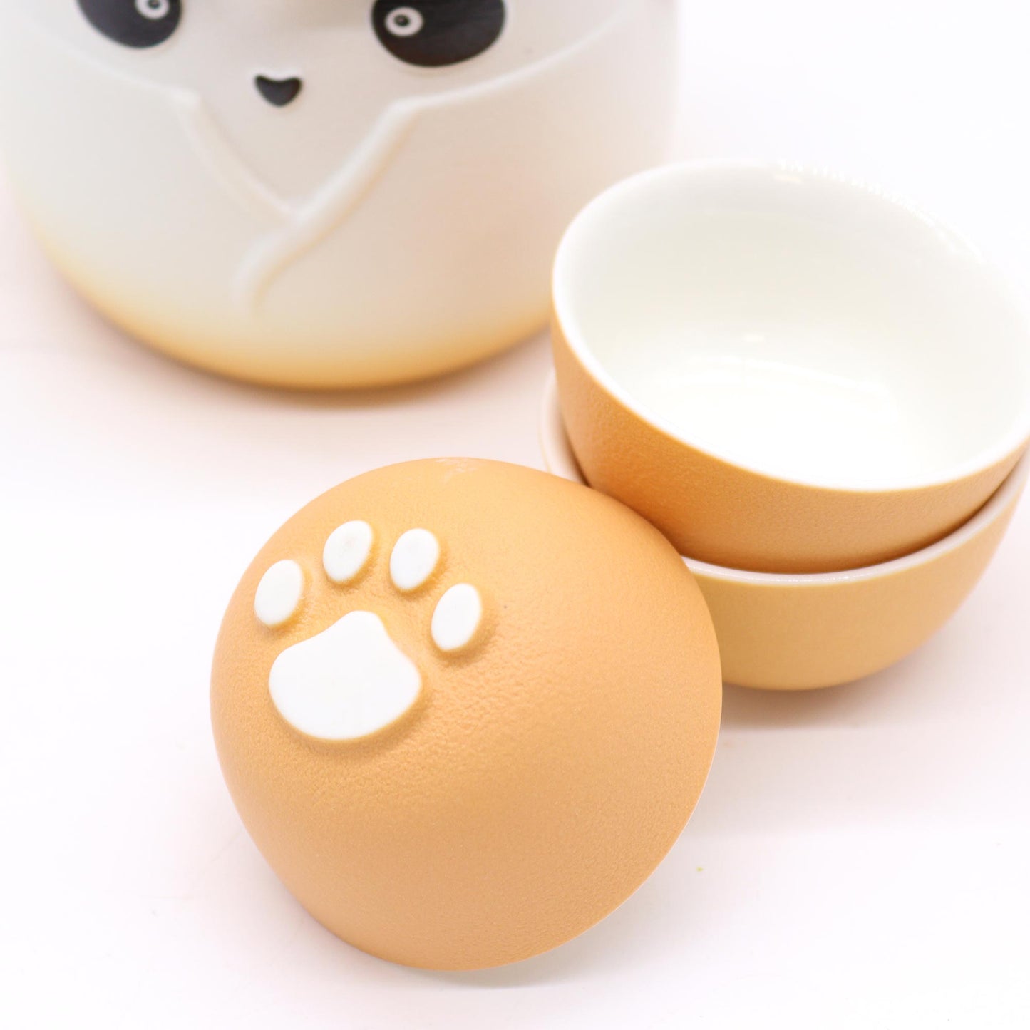 Ensemble théière et trois tasses Panda - Orange