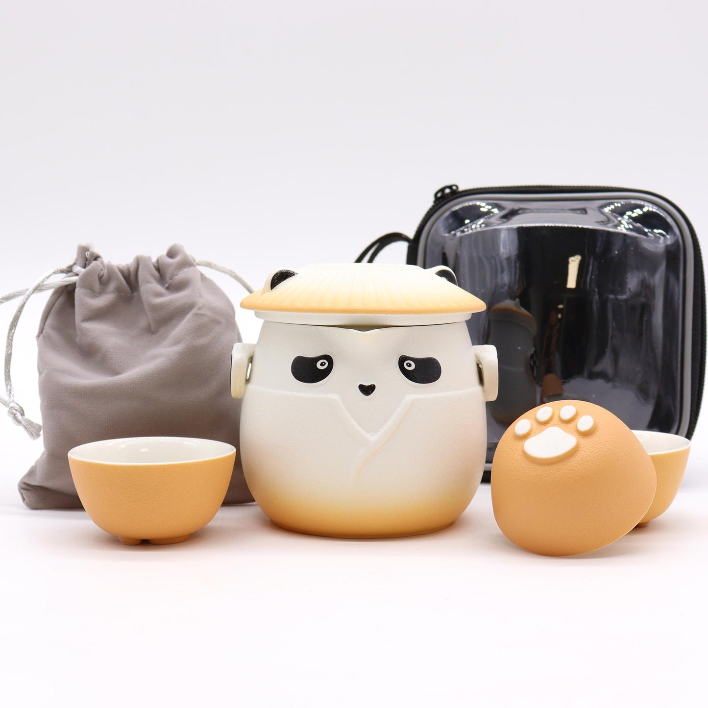 Ensemble théière et trois tasses Panda - Orange