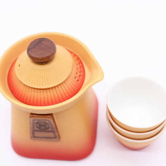 Ensemble théière et trois tasses Temple - Orange Earth