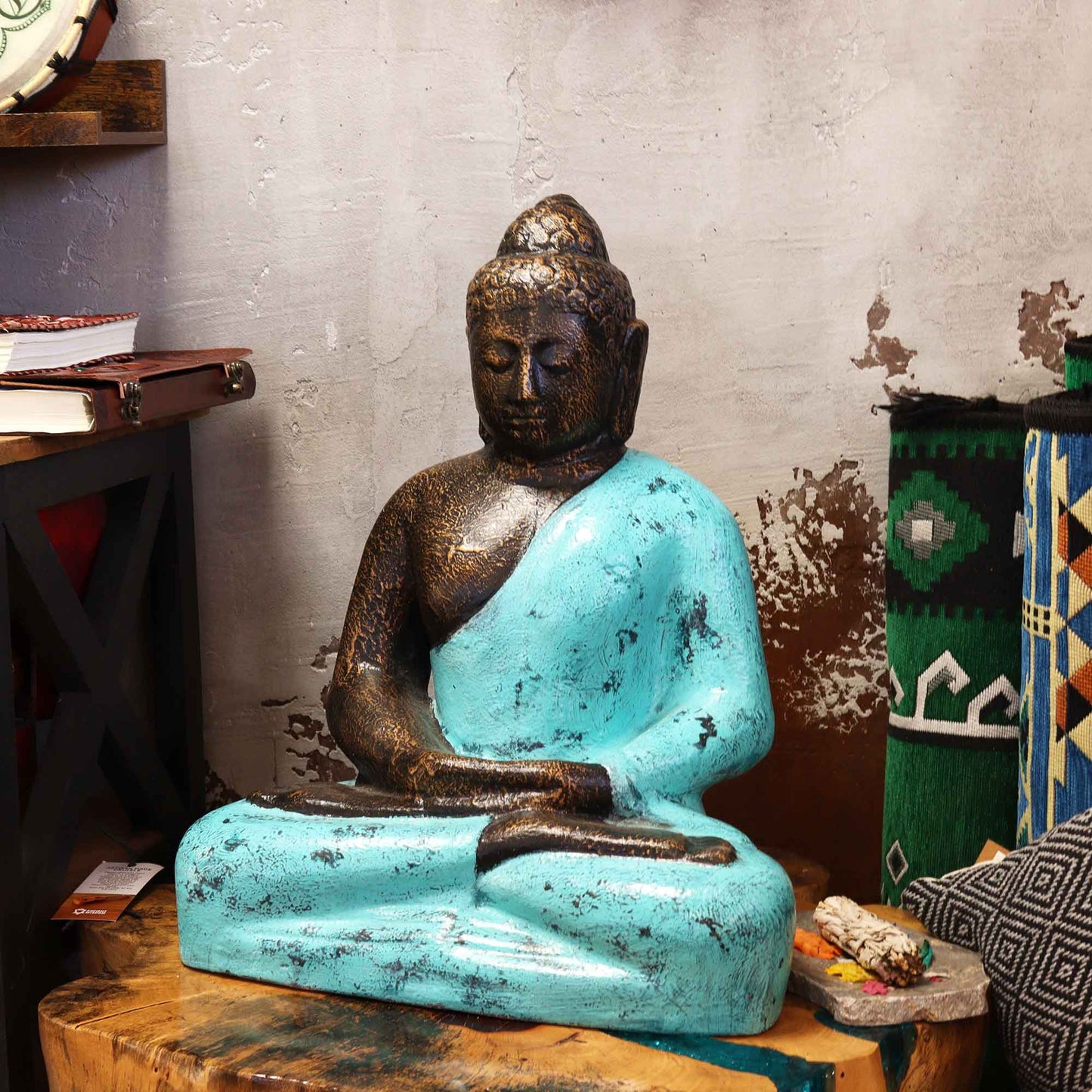 Bouddha classique moyen turquoise et pierre - 0,5 m