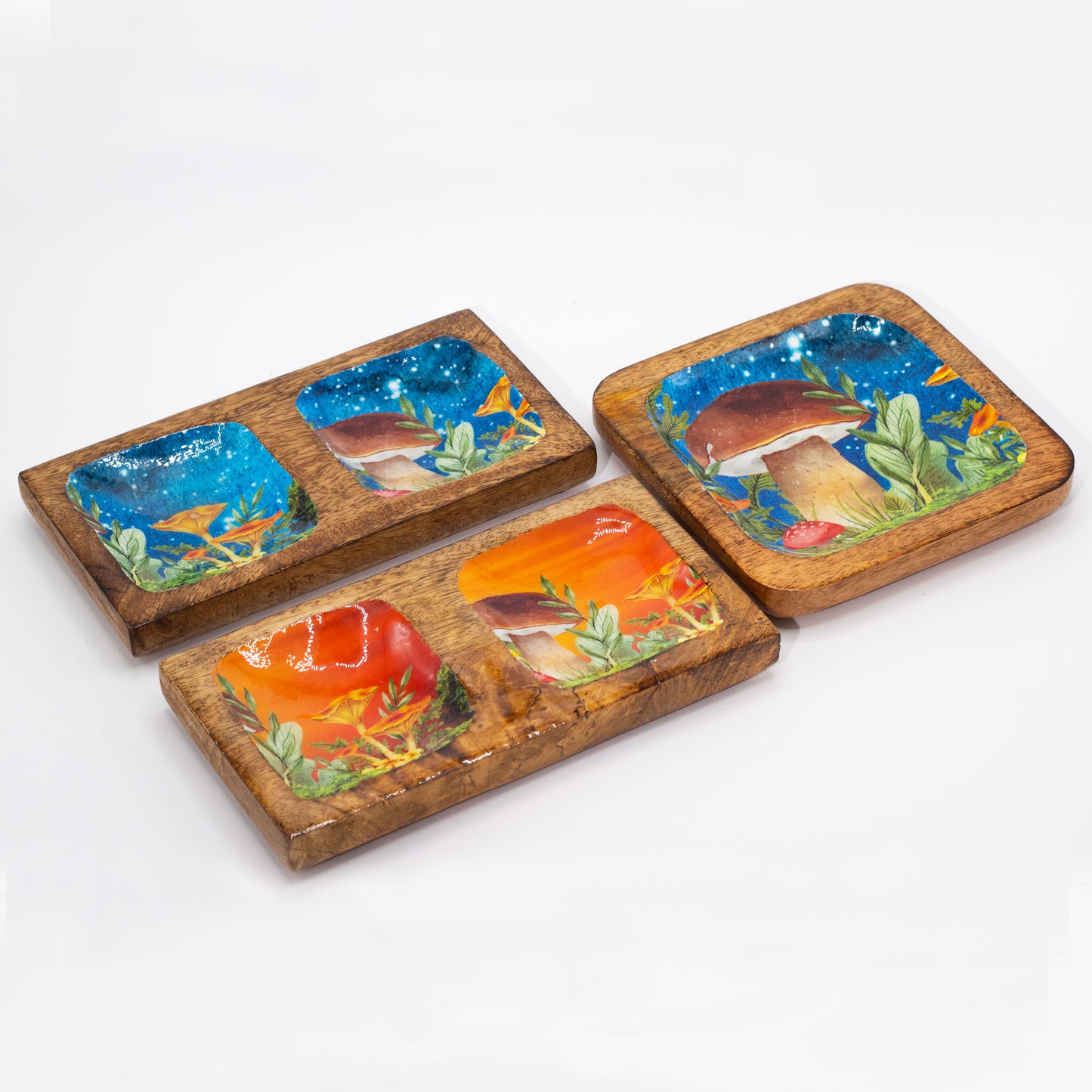 Plateau double 20x10x2,5cm - Motif champignon grenat