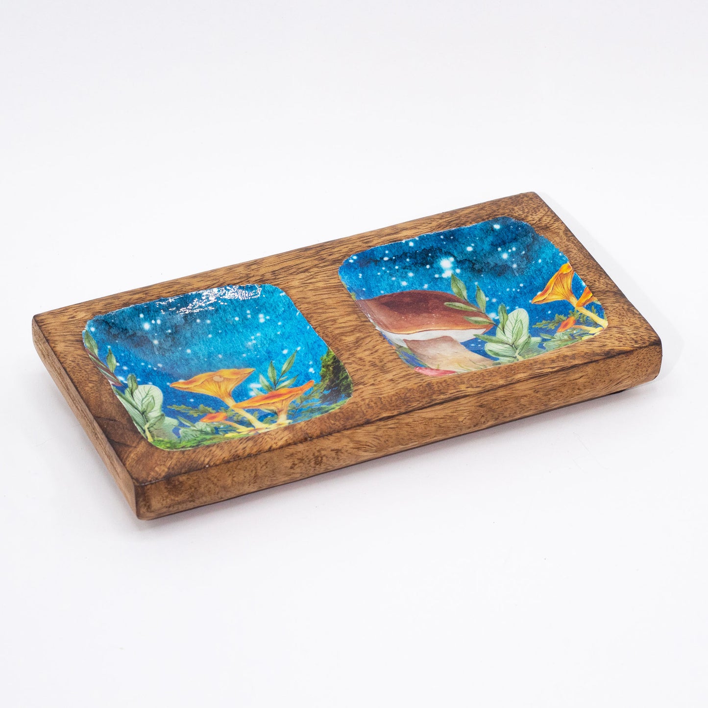 Plateau double 20x10x2,5cm - Motif champignon bleu sarcelle