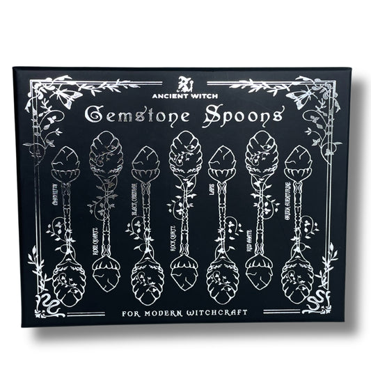 Ensemble de 7 cuillères de sorcière en cristal avec pierre précieuse en bronze