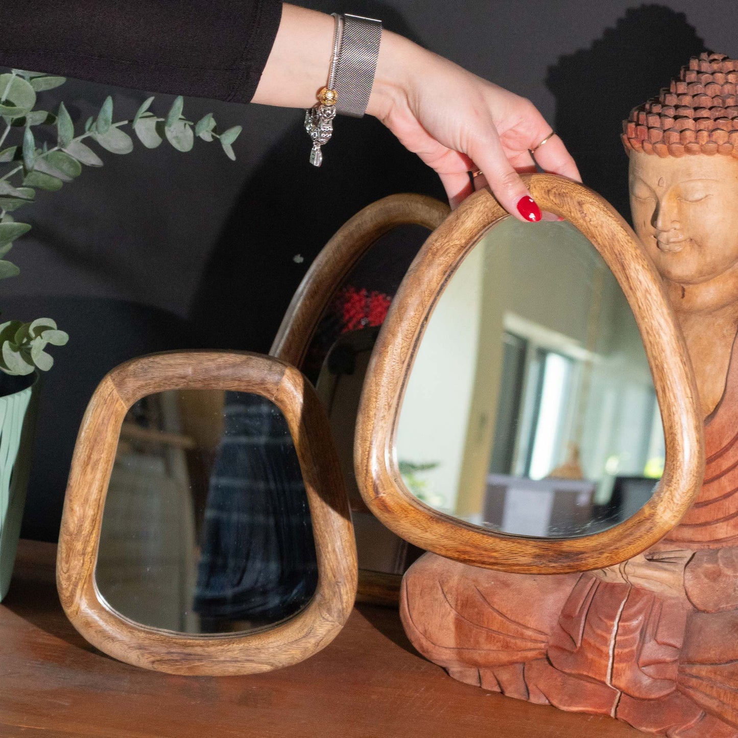 Ensemble de 3 miroirs en forme de galet - Finition marron foncé