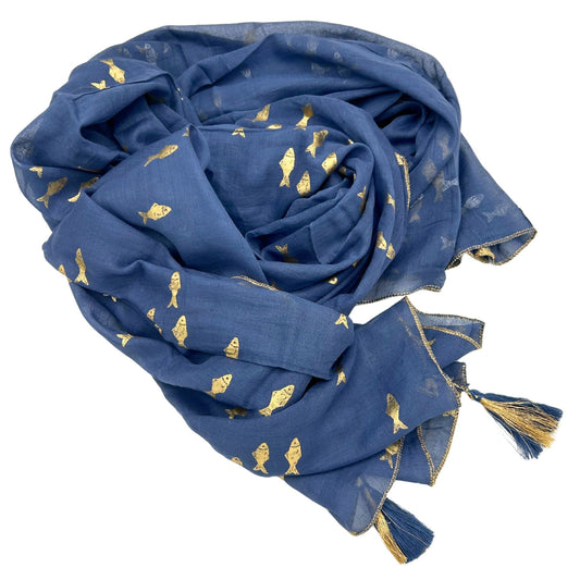 Collection Sari Nomad Méditerranéen - Sarong - Motif Poisson Bleu Marine et Or