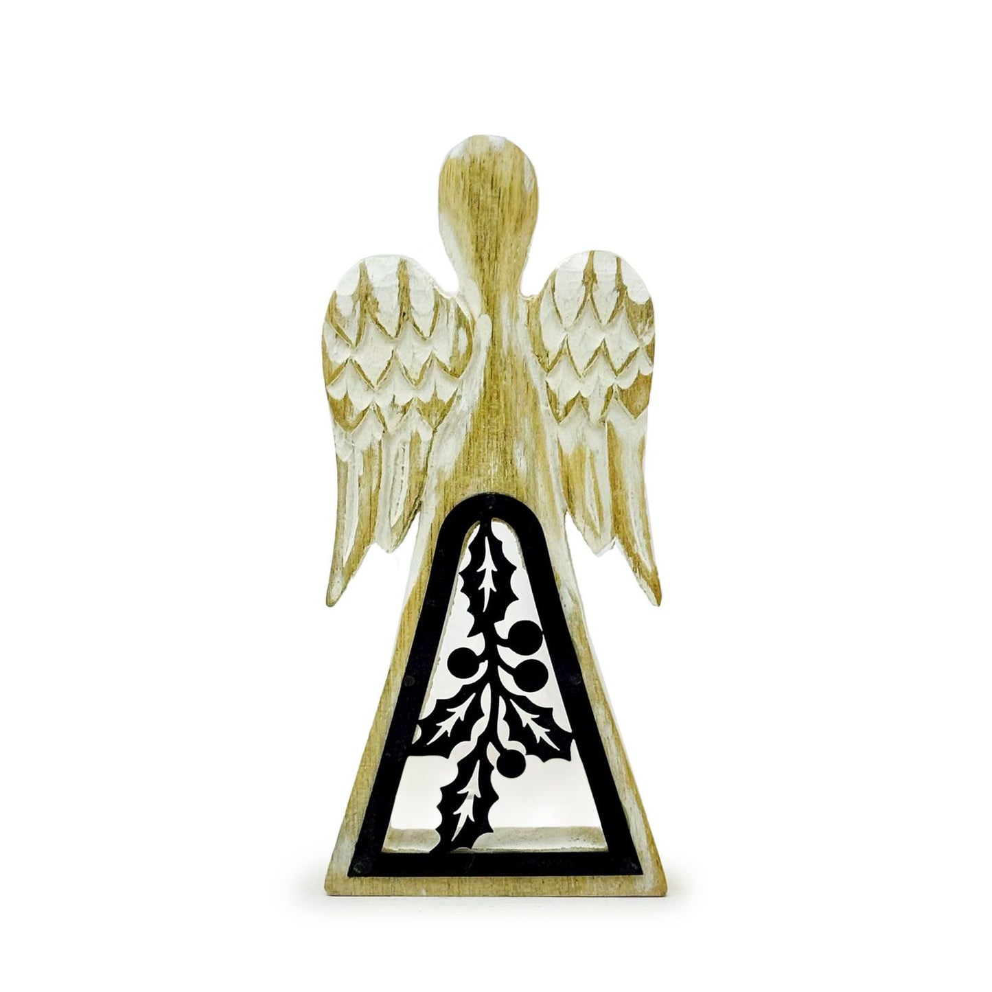 Ange en bois de manguier - Blanchi à la chaux avec décoration en fer découpé - 18 cm