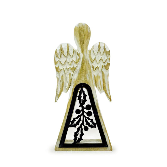 Ange en bois de manguier - Blanchi à la chaux avec décoration en fer découpé - 18 cm