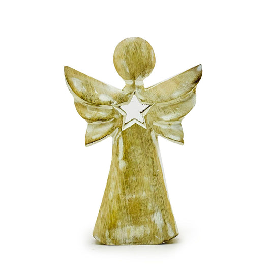 Ange en bois de manguier - Finition blanchie avec étoile ajourée - 18 cm