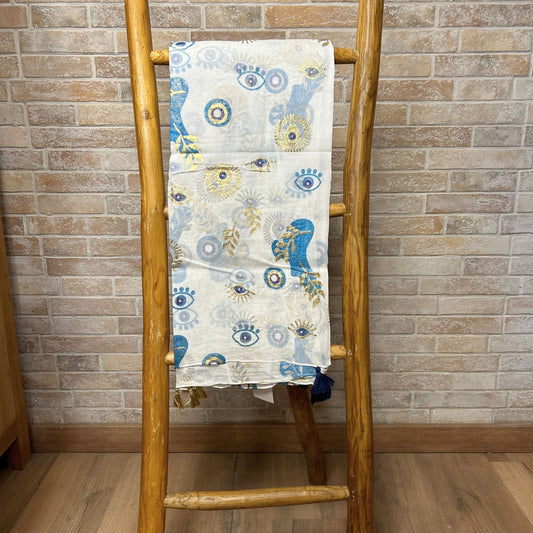 Collection Sari Nomad Méditerranéenne - Sarong - Motif Mauvais Œil en Blanc, Bleu et Or