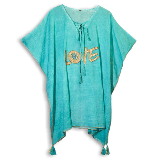 Collection Nomad : sari méditerranéen – caftan – motif cœur turquoise et or