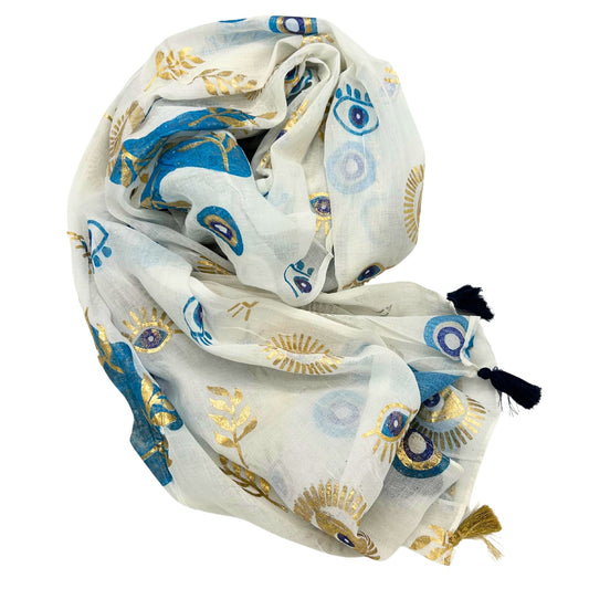 Collection Sari Nomad Méditerranéenne - Sarong - Motif Mauvais Œil en Blanc, Bleu et Or