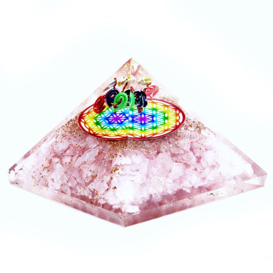 Pyramide d'orgonite Lrg 70 mm - Gemmes des chakras - Quartz rose Fleur de vie arc-en-ciel - 70 mm