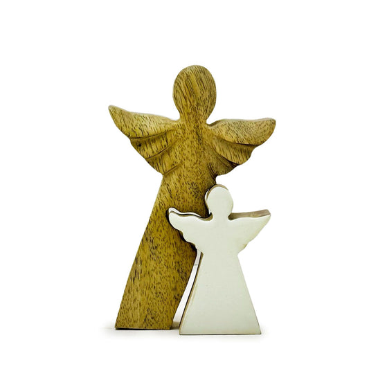 Ange en bois de manguier - Émail blanc - 15 cm