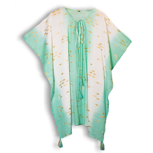 Collection Nomad : sari méditerranéen - caftan - Motif poisson blanc, turquoise et or