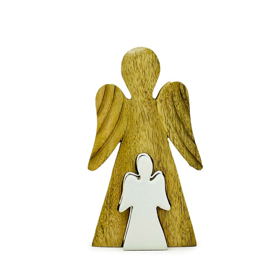 Ange en bois de manguier - Émail blanc - 15 cm
