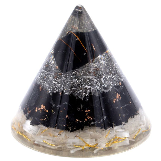 Cône d'orgonite - Sélénite et tourmaline noire en cuivre - 90 mm