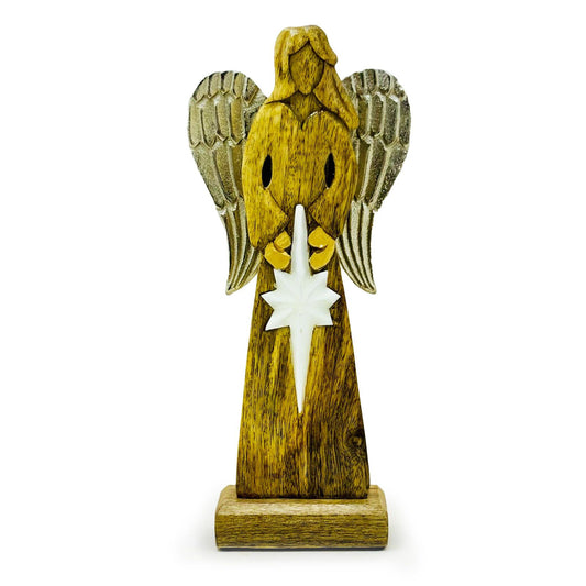 Grand Ange de la Paix en bois de manguier avec ailes en métal et détails émaillés - 30 cm