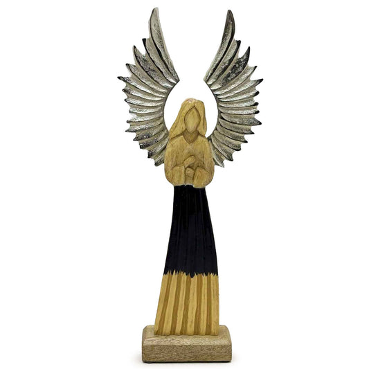 Grand ange gardien en bois de manguier avec ailes en métal et détails émaillés - 40 cm