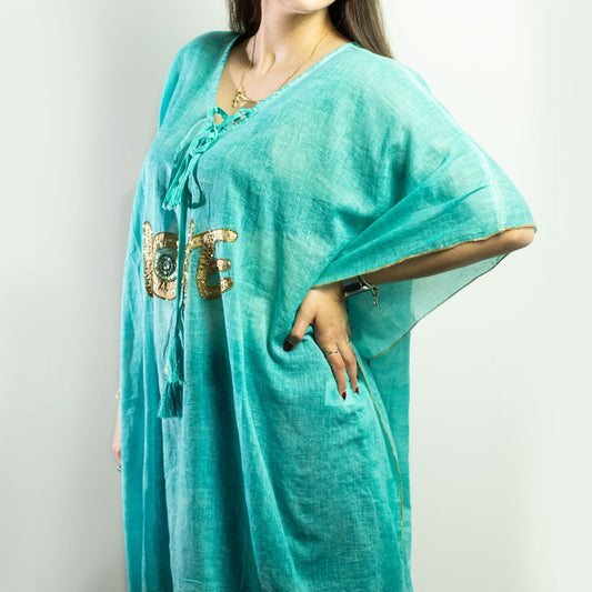 Collection Nomad : sari méditerranéen – caftan – motif cœur turquoise et or