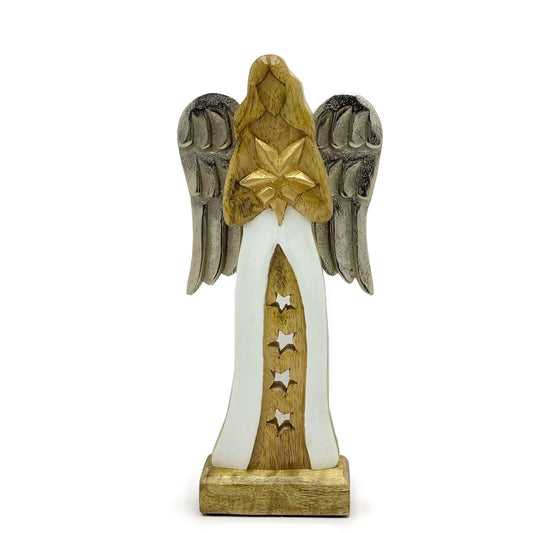 Grand ange étoile en bois de manguier avec ailes en métal et détails émaillés - 30 cm