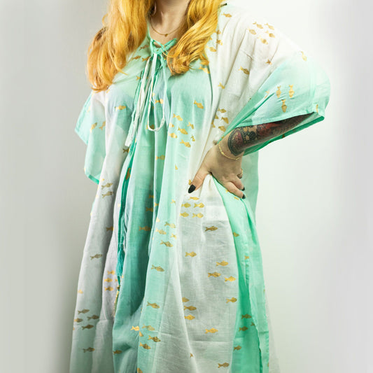 Collection Nomad : sari méditerranéen - caftan - Motif poisson blanc, turquoise et or