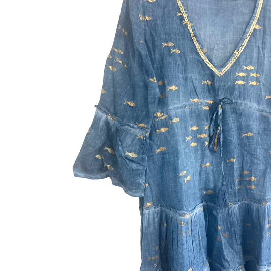 (ML) Collection Nomad Sari - Robe - Motif poisson bleu marine et doré