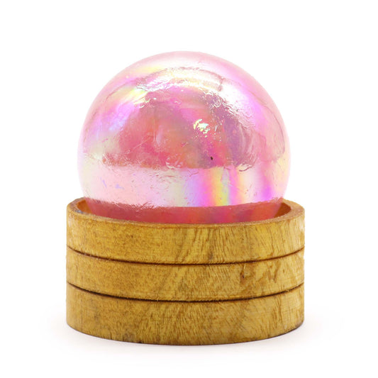Sphère en cristal de quartz rose de 50 mm avec aura en titane et support