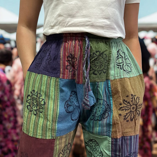 Sari nomade - Pantalon champignon - Motifs imprimés en bloc - Tons verts (110 x 120 cm) L/XL