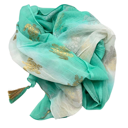 Collection Sari Nomad Méditerranéen - Sarong - Motif Tortue en Blanc, Turquoise et Or